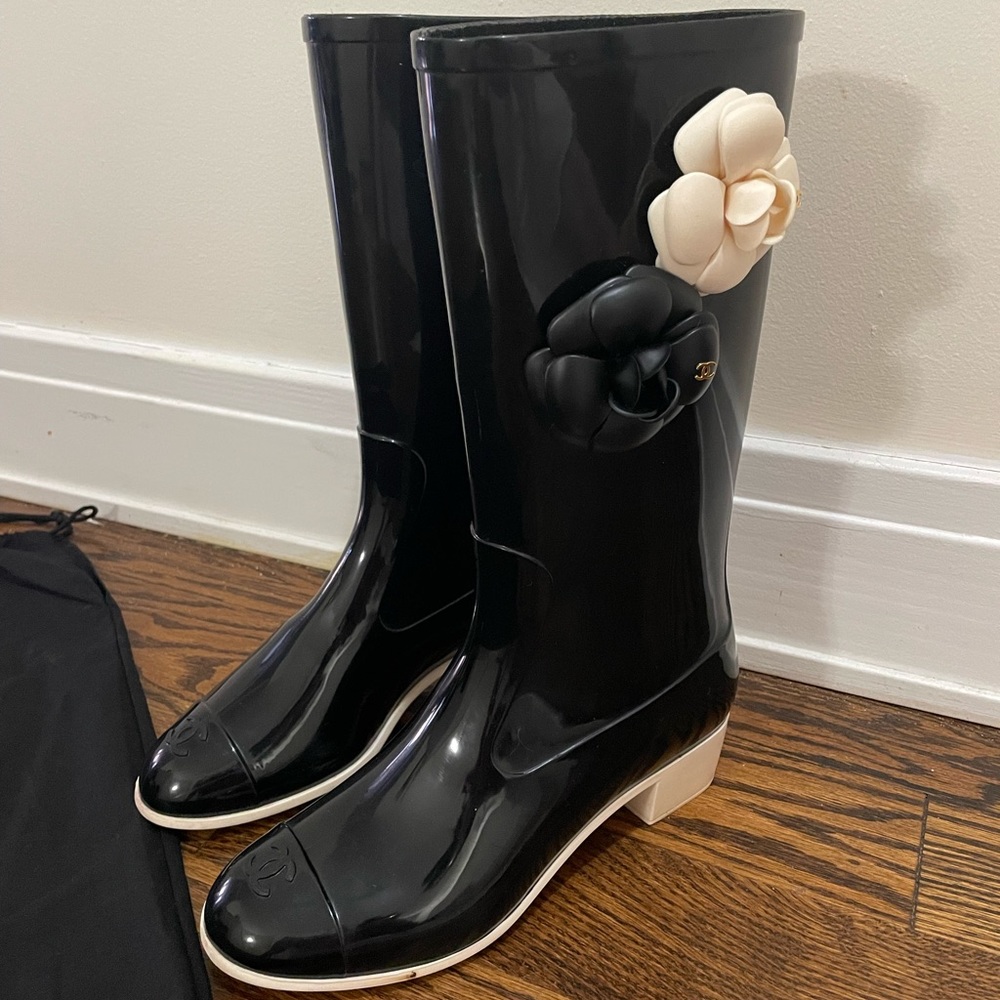 CHANEL Black Rain Boots with Cream Camellia Accent